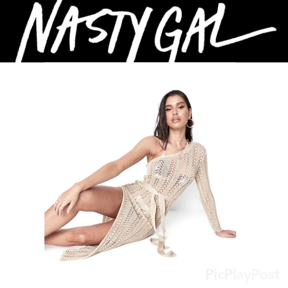Nasty Gal Crochet One Shoulder OAT Ivory Tie Waist SHEER Hi-Slit Dress 4 S NWT